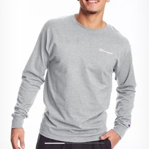 A grey XL champion long sleeve shirt.